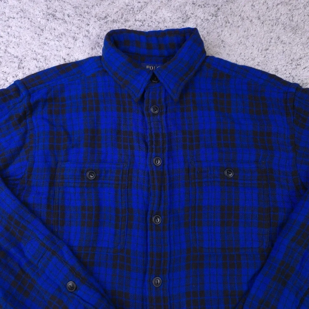Polo Ralph Lauren Shirt Mens Small Flannel Long Sleeve Button Plaid Check Blue